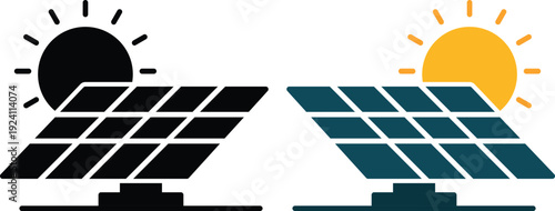 Modern solar panel and renewable energy icons set featuring sun, photovoltaic panels, battery storage and green power symbols. Ideal for sustainability.