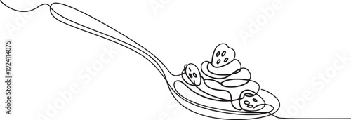 Single one line drawing spoon filled with chocolate and strawberry. One spoonful as a dessert. Delicious sweet food. Tasty. National Chocolate Mousse Day. one line Icon drawing
