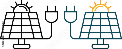 Modern solar panel and renewable energy icons set featuring sun, photovoltaic panels, battery storage and green power symbols. Ideal for sustainability.