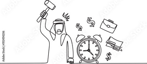Single one line drawing Arab businessman preparing to hit big alarm clock. Can't manage time well. Many business opportunities disappear. Angry businessman. one line Icon drawing