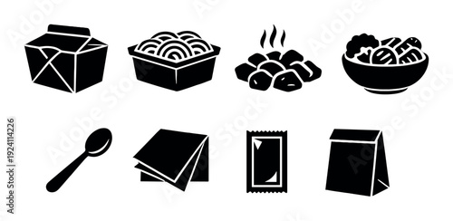 Monochrome takeout and utensil icons on dark gradient background