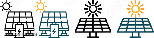 Modern solar panel and renewable energy icons set featuring sun, photovoltaic panels, battery storage and green power symbols. Ideal for sustainability.