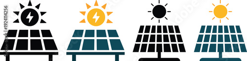 Modern solar panel and renewable energy icons set featuring sun, photovoltaic panels, battery storage and green power symbols. Ideal for sustainability.