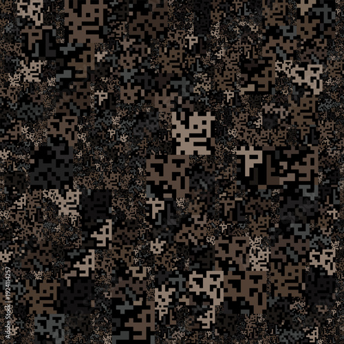 Vector Illustration Y2k Seamless pattern of dark earth-toned digital pixels. Abstract data swarm for IT, crypto mining, and big data.