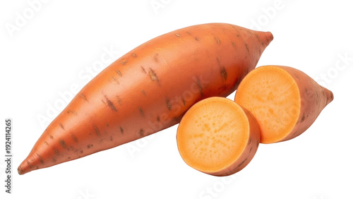 Cuadro en lienzo Isolated Sweet Potato on Plain Backdrop, Halved and Whole Root Vegetable for Coo