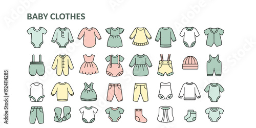 Collection of flat design icons representing various baby clothes and accessories on a white background Keywords: baby clothes