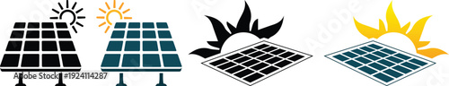 Modern solar panel and renewable energy icons set featuring sun, photovoltaic panels, battery storage and green power symbols. Ideal for sustainability.
