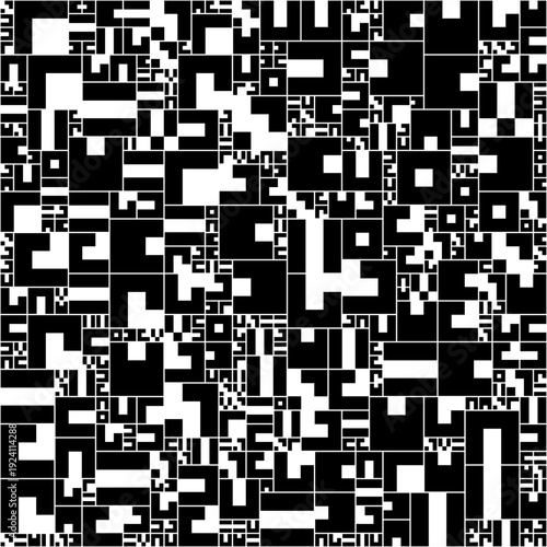 Vector Illustration Y2k Seamless pattern of chaotic black and white glitch maze with distorted circuit-like symbols runes and fragmented binary forms creating turbulent digital depth evoking encrypted