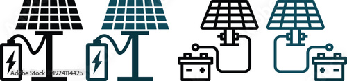 Modern solar panel and renewable energy icons set featuring sun, photovoltaic panels, battery storage and green power symbols. Ideal for sustainability.