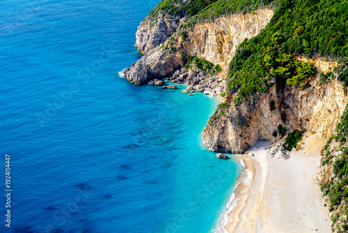 Obraz na płótnie Emerald color water Ionian Sea on coast from above Greece, sea cliffs on island Corfu, Stelari Beach