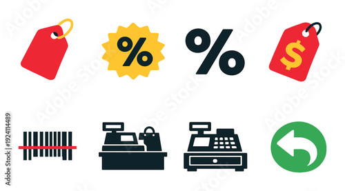 Sale tags and retail icons arranged on dark gradient background