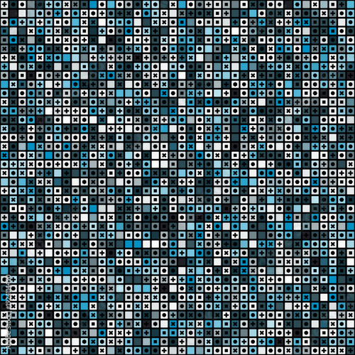 Vector Illustration Y2k Seamless pattern of dense pixelated mosaic in deep blue cyan turquoise shades with scattered white and black squares creating glitchy digital depth, evoking big data streams 