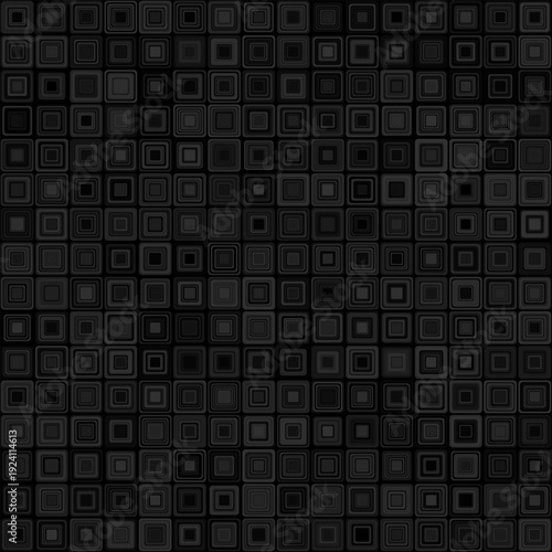 Vector Illustration Y2k Seamless pattern of intricate overlapping black squares in layered grid with subtle depth shading and minimal highlights, evoking encrypted data matrices, fintech blockchain 