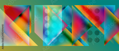 Abstract geometric composition. Vivid colors blend, creating dynamic shapes. Triangles, squares, circles overlap, forming complex patterns. Modern design.