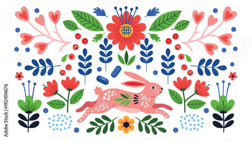 A colorful illustration of a rabbit running through a vibrant floral landscape