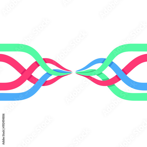 Abstract colorful intertwining wavy lines forming a symmetrical pattern, symbolizing connection, data flow, digital communication, and networking concepts.