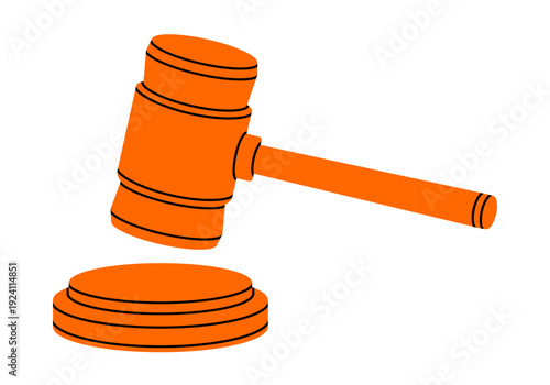 Hand drawn illustration of judge gavel. Flat vector hitting of lawyer hammer doodle. Crime verdict icon or print. Justice and law concept. Final decision. Government legislation. Isolated.