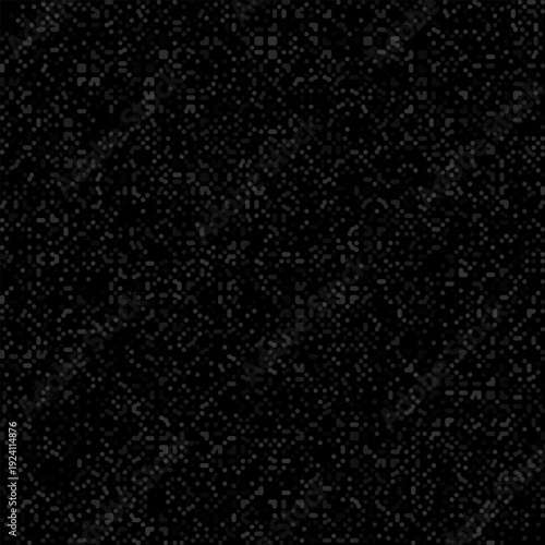 Seamless vector pattern of a dark, sparse digital signal. Minimalist abstract texture featuring tiny charcoal gray pixels and fragments scattered across a solid black field.
