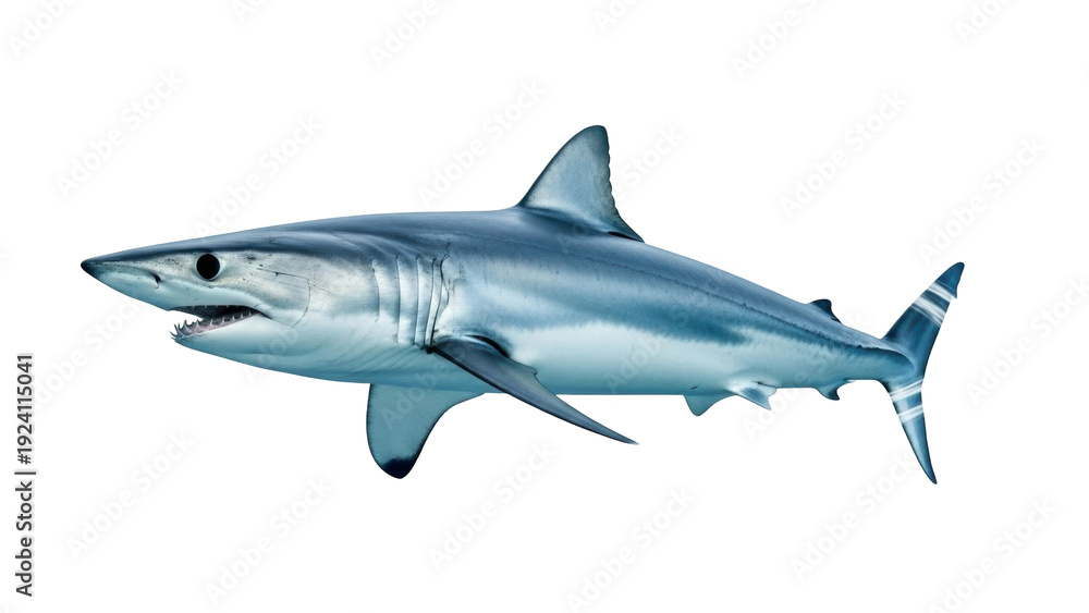 Fototapeta premium Isolated Mako Shark Marine Predator Ocean Wildlife with Mouth Open Teeth Visible Sea Creature