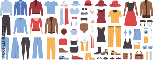 Collection of flat lay clothing and accessories for women and men on a white background Keywords: clothing, fashion, apparel