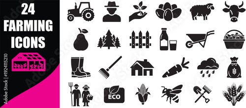 Set of twenty four farming icons representing agriculture industry elements including tractor equipment livestock animals crops and garden tools for web design