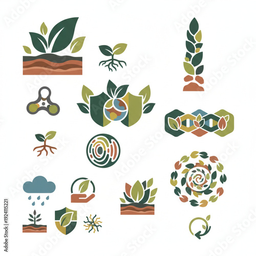 Vibrant Assortment of Nature-Inspired Vector Graphics Symbolizing Organic Growth, Earth Protection, and Sustainable Ecosystems for Creative Design Assets
