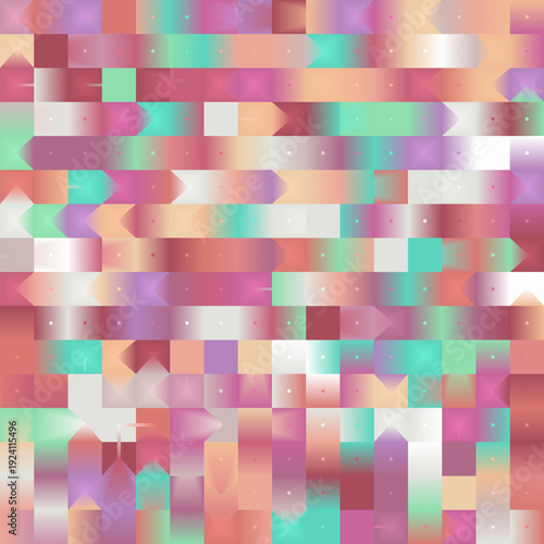 Vector Illustration Y2k Seamless pattern of shimmering pastel mosaic with directional arrows in soft peach mint lavender gradients on gradient backdrop, evoking flowing data streams fintech algorithms