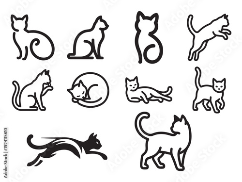 Minimalist cat icon set with various poses including sitting, jumping, and sleeping.