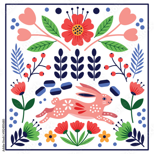 A colorful illustration of a pink rabbit surrounded by vibrant flowers and leaves