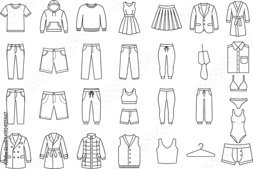 Collection of Outline Icons Representing Various Clothing Items and Accessories Keywords: t-shirt, hoodie, sweatshirt, dress