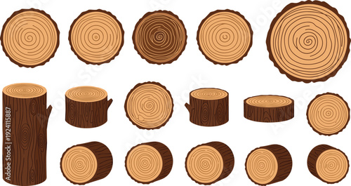 Wood Log Cross Section Collection Vector Illustration Set with Tree Trunk Rings and Timber Pieces Isolated on White Background