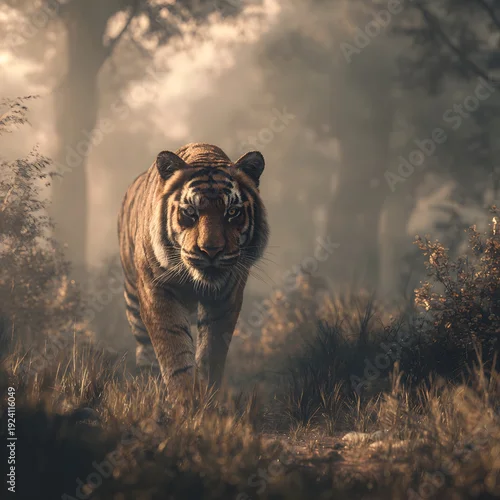 Obraz Bengal tiger wildlife wallpaper in foggy forest photo