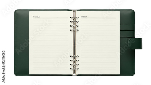 Obraz na plátně Isolated weekly agenda in green leather with six-ring binder, office supplies or