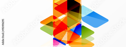 Abstract composition. Overlapping translucent squares create vibrant color mix. Modern design, simple geometry, bright palette.