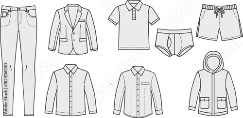 Collection of mens and womens clothing items in outline style on white background Keywords: clothing, apparel, fashion, garments
