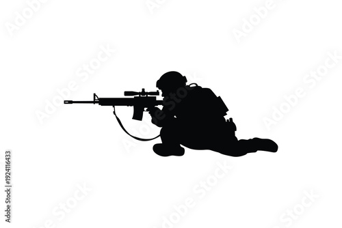 Military Sniper Silhouette Crouching with Precision Rifle - Soldier in Tactical Gear Aiming Rifle Black Silhouette