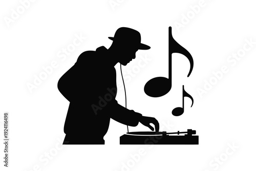 Black and White DJ Silhouette Artwork - DJ at Turntable with Musical Notes Silhouette