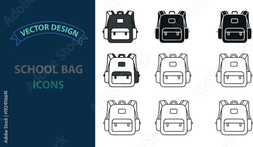 Set of school backpack icons in filled, outline, and mixed monochrome styles for education and travel design.