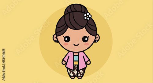 Cute cartoon Indonesian girl character in traditional costume smiling sweetly, ideal for children education and cultural storytelling