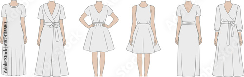 Collection of six different white dress fashion design sketches on mannequins illustration