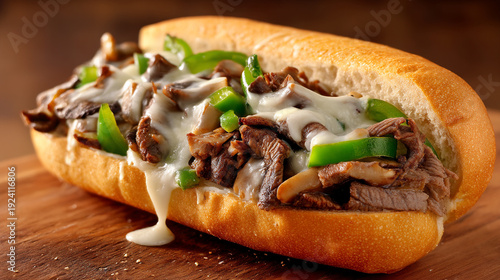 Melted cheese oozes from a delicious cheesesteak sandwich