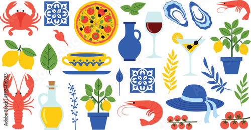 Mediterranean Food and Lifestyle Collection with Seafood Pizza Wine Olive Oil and Decorative Elements Vector Illustration