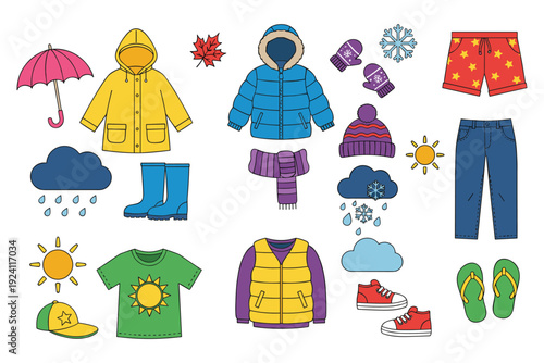 Collection of weather-appropriate clothing and weather symbols on a white background Keywords: clothing, weather, seasons, rain