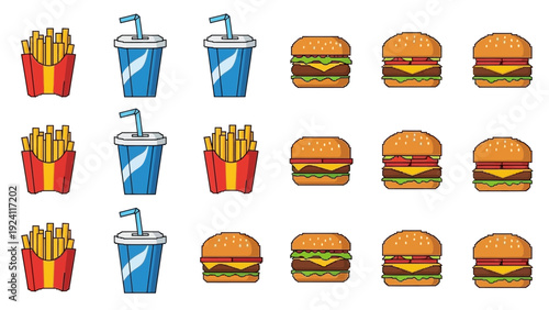 A grid pattern of fast food items including fries, drinks, and burgers arranged in rows on a clean background viewed from directly above