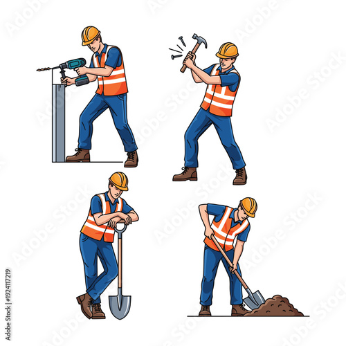 Construction worker in various actions on a site