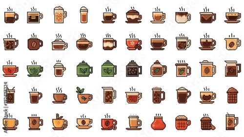 A collection of various coffee drinks and related items illustrated in a grid layout on a clean white background, viewed from directly above, showcasing a diverse array of beverages and coffee makers