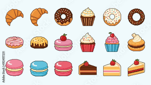 An assortment of sweet baked goods and pastries, including cakes, donuts, macarons, arranged neatly on a clean white background from a straightforward viewpoint
