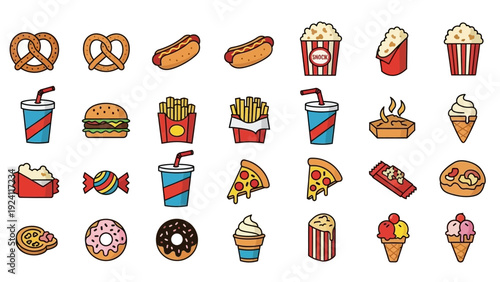 Collection of assorted food items including snacks, desserts, and fast food displayed in a grid pattern on a clean background.