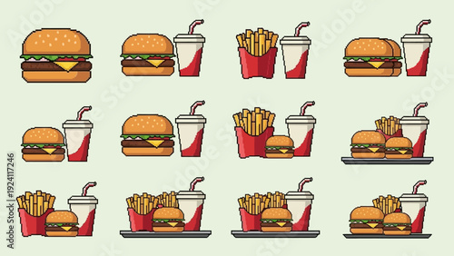 A 3x4 grid arrangement of identical fast food illustrations featuring burgers, fries, and drinks from a direct overhead viewpoint