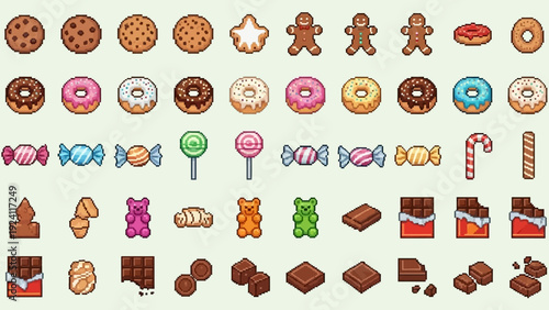 Assorted sweets and candies displayed in rows on a neutral background from a direct viewpoint, featuring various treats and goodies